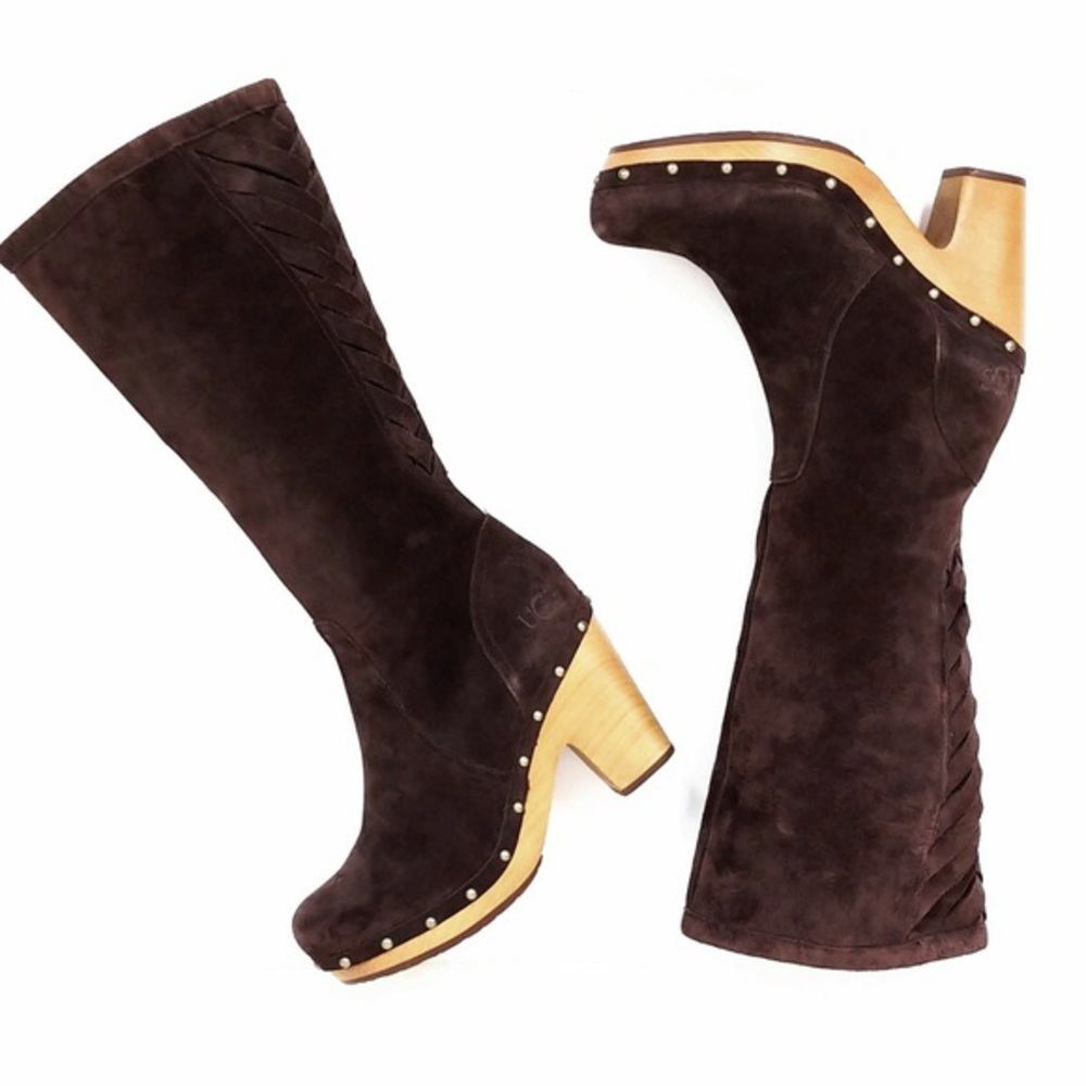 UGG Brown Suede Wooden Heeled Boots